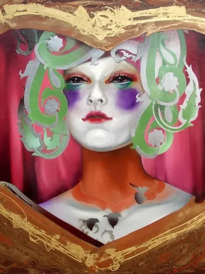 A portrait framed within a heart shape, using bold, theatrical makeup and colors. This piece plays with the idea of love and performance, painted with oil on canvas.