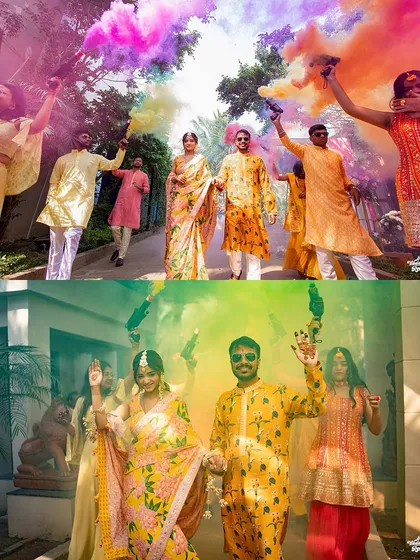 The pure, unadulterated joy of a Haldi ceremony, brought to life with vibrant color bombs. I focus on capturing the real energy and fun of pre-wedding festivities.