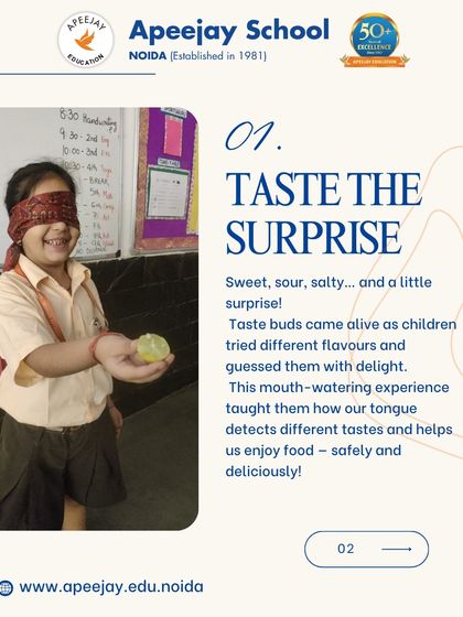 Taste the surprise. Blindfolded students tried different flavors like sweet, sour, and salty, learning how our tongue detects different tastes.