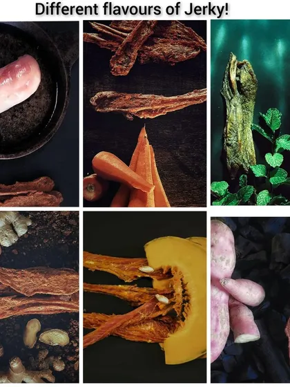 We offer a delicious variety of flavors to satisfy every dog's palate. This is a glimpse of our all-natural, human-grade chicken jerky infused with real carrot, mint, ginger, peanut, pumpkin, and sweet potato.