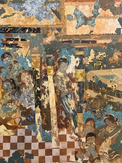A horizontal crop of the "Ajanta" painting, highlighting the narrative flow across the large canvas.