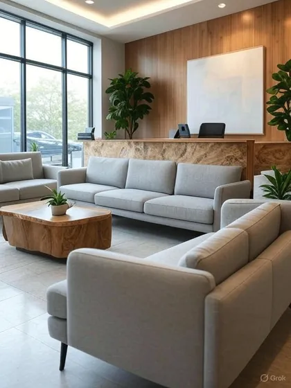 This office waiting area is designed for comfort, with deep sofas and a live-edge wooden coffee table. The wood-paneled accent wall and abundant plants create a warm, natural, and inviting environment.