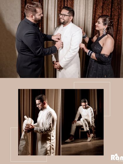 A collage capturing the groom's getting-ready process, surrounded by his loved ones. These shots show the support and joy of family, as well as solo portraits of the groom looking sharp.