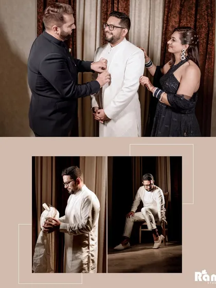 A collage capturing the groom's getting-ready process, surrounded by his loved ones. These shots show the support and joy of family, as well as solo portraits of the groom looking sharp.