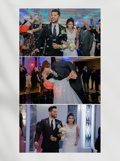 A collage of celebratory moments after a church wedding, including the confetti toss and the couple's first kiss as husband and wife.