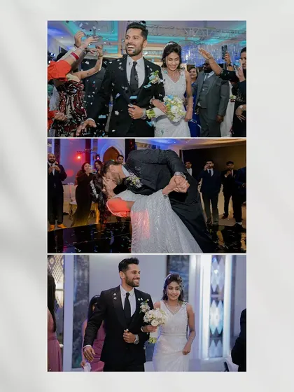 A collage capturing the celebration after a Christian wedding, including the confetti toss and the couple's first kiss.