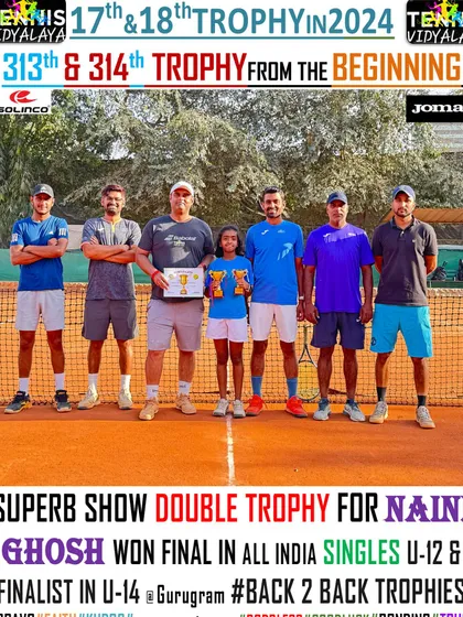 A superb double trophy for Naini Ghosh, winning the final in All India Singles U-12 and finishing as a finalist in U-14.