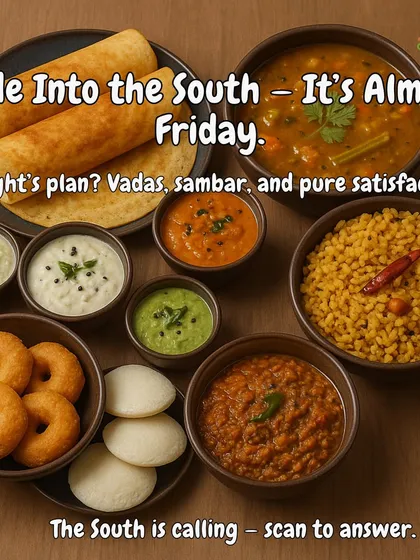 Slide into the delicious world of South Indian cuisine. This spread features crispy dosas, fluffy idlis, savory vadas, and a variety of fresh chutneys and sambar, all made with authentic recipes.