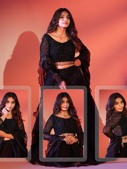 A collage showcasing our classic black lehenga. See how the flared sleeves and sequined top look from different angles, perfect for planning your party look.