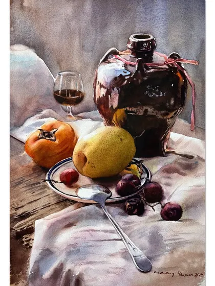 Another view of the still life with the pear and persimmon, highlighting the soft folds of the white cloth.
