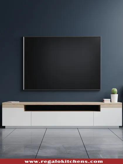 A minimalist TV console in white and light oak. Its simple, low-profile design is perfect for modern living spaces where less is more.