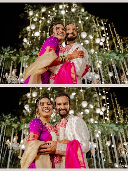 A collage of the couple's happy, candid moments against a backdrop of beautiful lights.