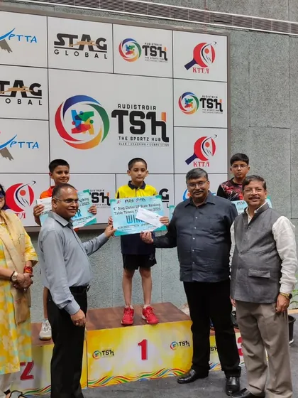 Aryaveer Borah stands proudly on the number one podium after winning the U-11 Boys title at the 4th UP State Ranking Tournament.