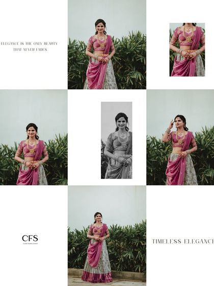 Timeless elegance. A collage showcasing the bride's graceful poses in her unique lehenga-saree, proving that elegance is a beauty that never fades.