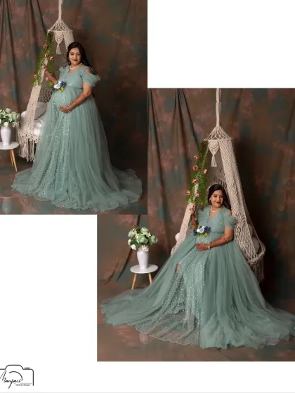 This collage showcases different angles from the swing setup, highlighting the versatility and beauty of this prop for creating elegant maternity photos.