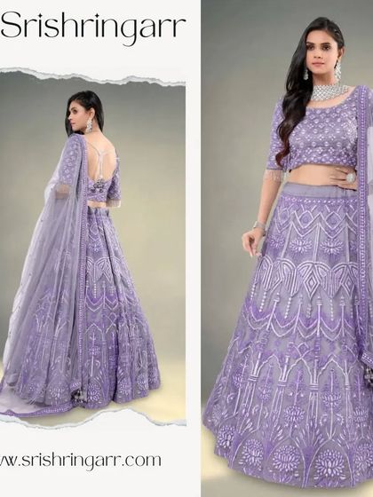 Rent our gorgeous purple lehenga for a glamorous look. The intricate silver embroidery and flowing net dupatta create a beautiful silhouette.