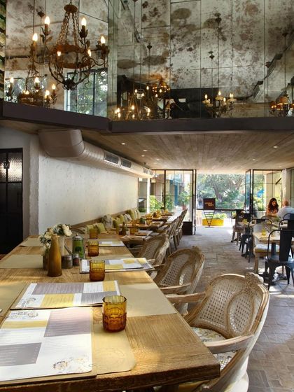 The interior of Amour Bistro features a long, communal dining table set against a rustic, textured wall. The design uses earthy tones and natural materials to create a seamless and elegant dining experience.