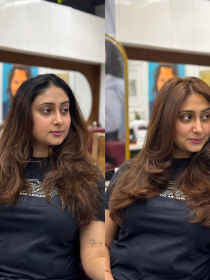 We refreshed her grown-out color with a warm honey brown and added a precision cut to bring life back to her hair.