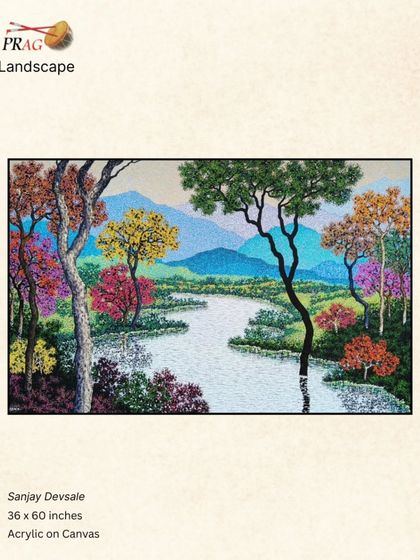 Sanjay Devsale's pointillist-style landscape is full of intricate detail. The clean black frame provides a sharp border, giving structure to the composition and enhancing the vibrancy of the colorful trees.