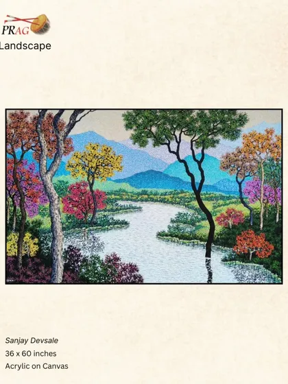 A pointillist-style landscape by Sanjay Devsale, where a river winds through a forest of colorful trees, each rendered with meticulous dots of paint.