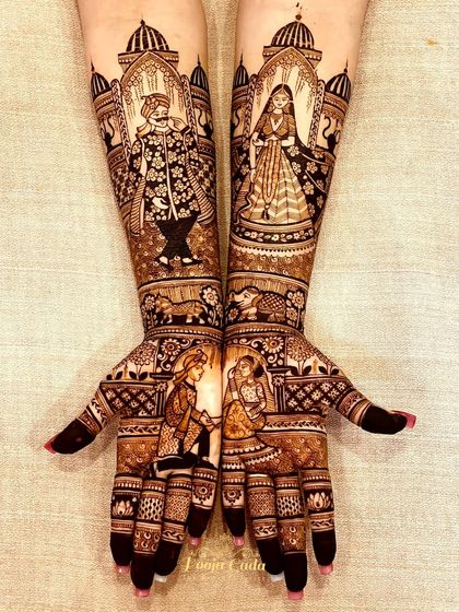 A royal bridal design created for my childhood friend. This intricate mehendi features majestic portraits of the bride and groom, capturing the grandeur and emotion of their special day.