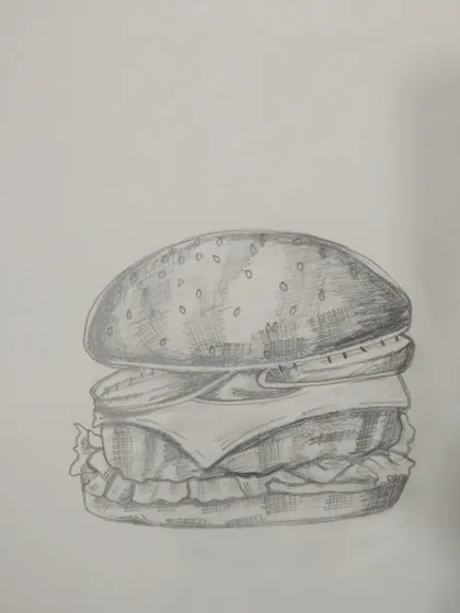 This burger sketch is a great example of using the cross-hatching technique to build up shading and texture.