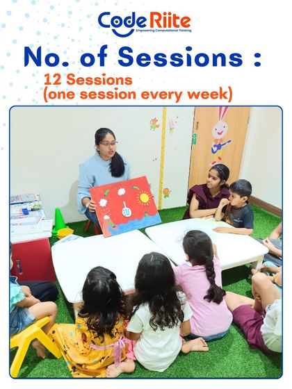 An instructor leads a session with a group of engaged children. This image shows a typical small-group setting, which allows for personalized attention as we explore concepts using colorful, hands-on learning aids.