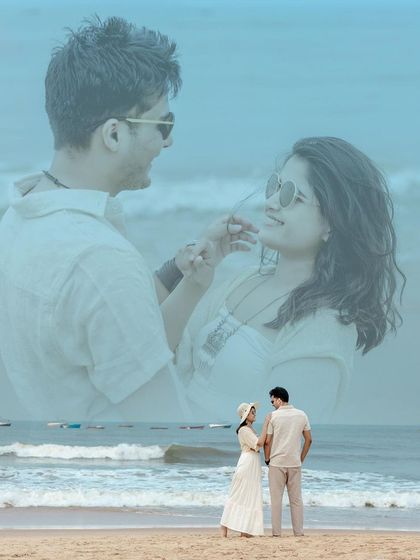 A creative double exposure shot on a Goa beach. This artistic technique blends a wide shot of the couple by the sea with a more intimate portrait, telling a story of both their journey and their connection.