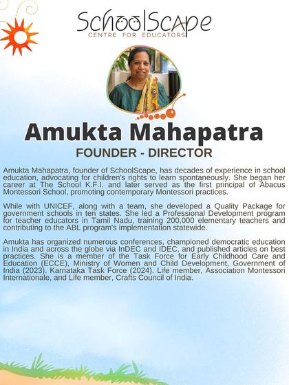 A profile of our Founder-Director, Amukta Mahapatra, detailing her decades of experience advocating for children's rights and developing quality education programs across India.