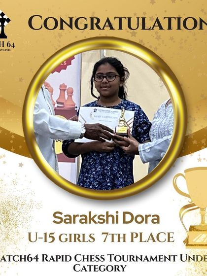 Celebrating Sarakshi Dora's 7th place finish in the U-15 Girls category at our own Catch64 Rapid Chess Tournament. We are committed to promoting and recognizing our female players.
