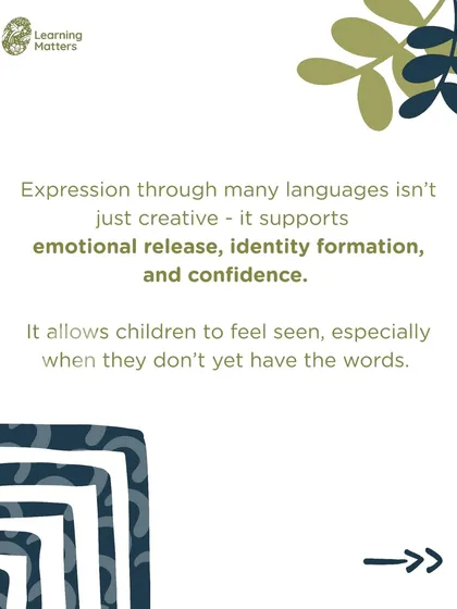 Expression through many languages is not just creative. It supports emotional release, identity formation, and confidence, allowing children to feel seen and understood, especially when they don't yet have the words.