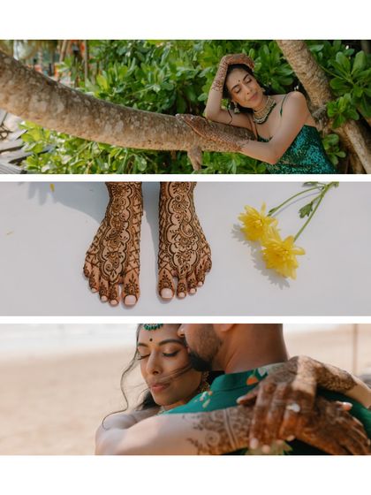 A collage of moments from a destination wedding in Sri Lanka. From the bride relaxing on a tree branch to close-ups of her henna, these images capture the tropical and romantic vibe of the celebration.