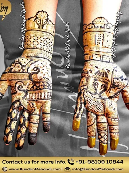 A classic bridal design with peacock and elephant figures, showcasing the rich traditions of Indian mehndi art.