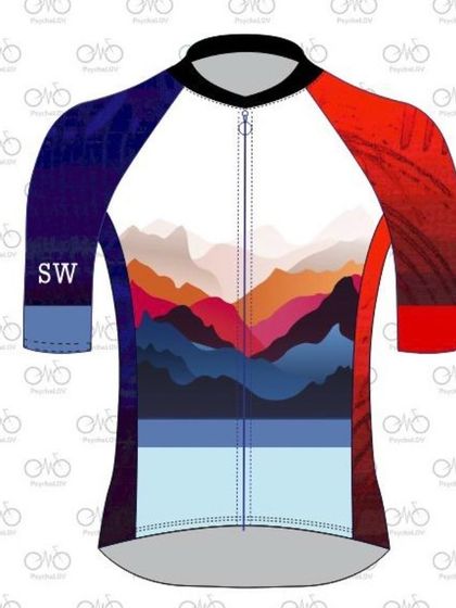 A close-up of our 2024 'Mountains Are Calling' jersey design. The artwork features layered mountain silhouettes, capturing the spirit of climbing and adventure that our club loves.