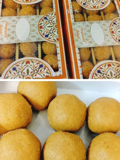 Getting our sweet boxes ready for delivery. The top image shows our packaged Boondi Ladoos, and the bottom shows our classic Besan Ladoos, all set for a corporate Diwali order.