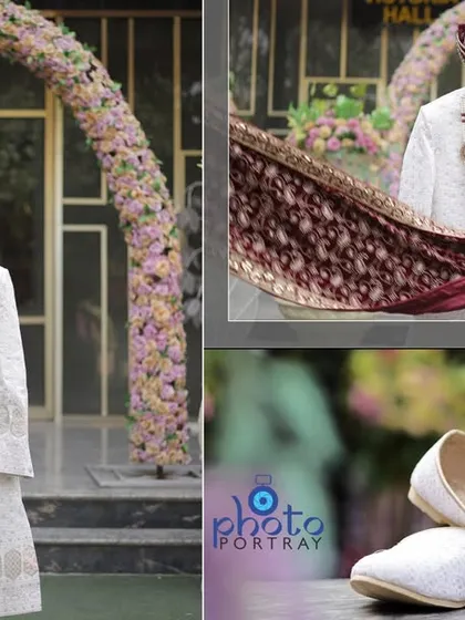 An album layout dedicated to the groom's attire, featuring his sherwani, shoes, and turban (safa).
