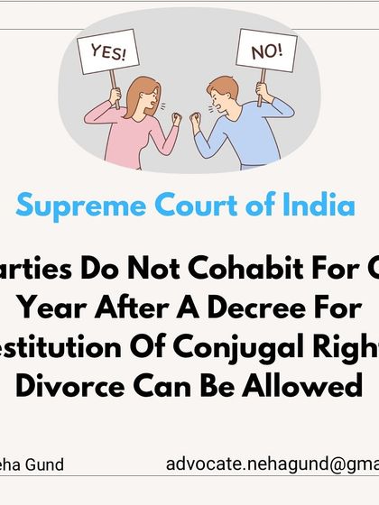 This graphic highlights a Supreme Court ruling stating that if parties do not cohabit for one year after a decree for Restitution of Conjugal Rights, a divorce can be allowed. This is a key strategic point.