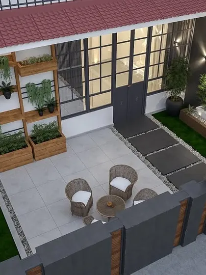This top-down render shows the complete layout for a client's front verandah. The design creates distinct zones for relaxation and meditation, with a seating area, a water feature with a Buddha statue, and vertical gardens.