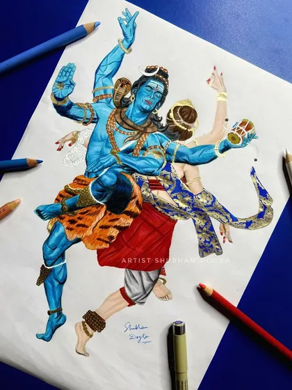 A vibrant colored pencil drawing of Mahadev in the Tandava dance. This detailed artwork captures the dynamic energy and cosmic power of Lord Shiva's dance.