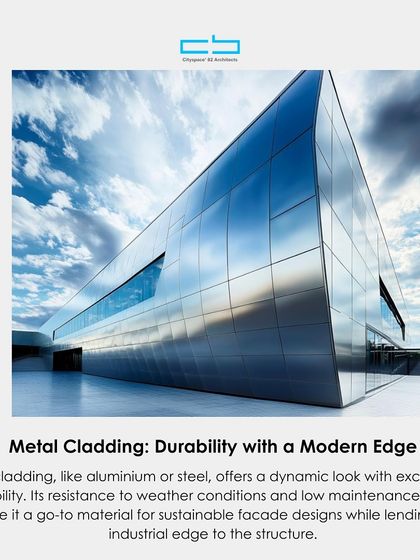 An infographic on metal cladding, highlighting its durability and modern edge. Materials like aluminum or steel offer a dynamic look and resistance to weather, making them a go-to for sustainable facade designs.