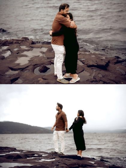 A dramatic collage of the couple on a rocky shore. It captures both an intimate embrace and a wide shot of them holding hands against the vast landscape.