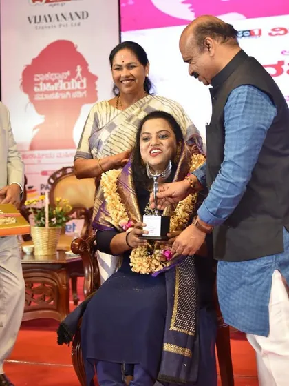 A truly humbling moment, receiving the 'Woman Achiever of the Year 2023' award from former Chief Minister Basavaraj Bommai. I am grateful for the recognition of my journey as India's first female ventriloquist.