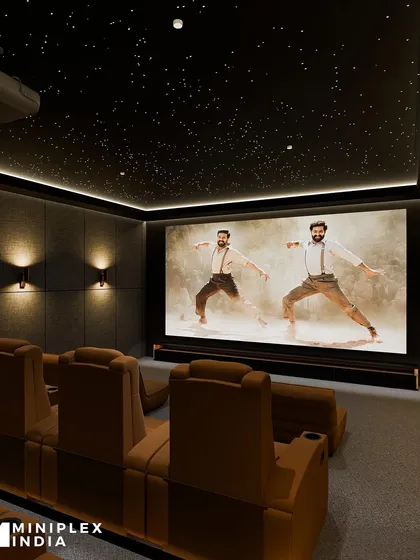 The 'Stellar Luxe' design is all about creating a celestial retreat. The fiber-optic galaxy ceiling is a client favorite, making you feel like you're watching movies under the stars. Paired with plush, tan leather recliners and perfect acoustics, it’s an escape from the everyday.