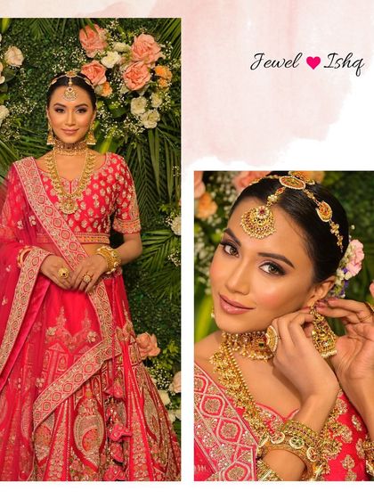 A full bridal look featuring our traditional temple jewellery. The layered gold necklaces, jhumkas, and matha patti create a look that is rich in heritage and perfect for a classic wedding ceremony.