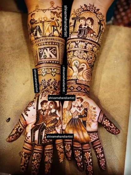 A modern love story told through mehendi, with portraits of the couple in contemporary outfits. The design also includes swans, initials, and other symbols of love.