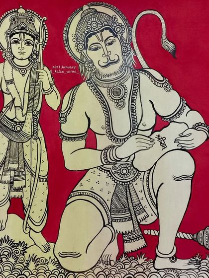 This Kalamkari piece illustrates the moment from the Ramayana where Hanuman writes 'Shri Rama' on stones to build the bridge to Lanka. It is a story of faith and devotion, captured in traditional line art.