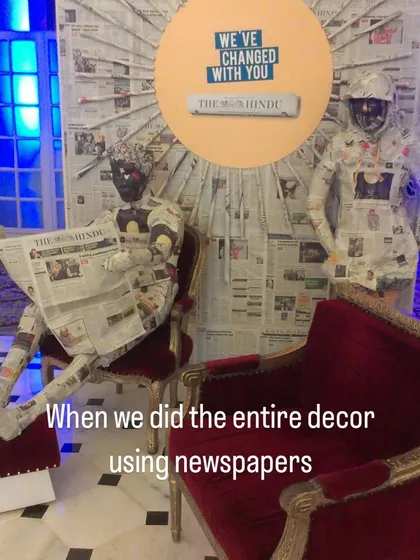 These life-sized figures were made entirely from old newspapers for a large hall decoration project. It was a wild, sleepless project that pushed our creativity and shows our ability to execute large-scale thematic decor.