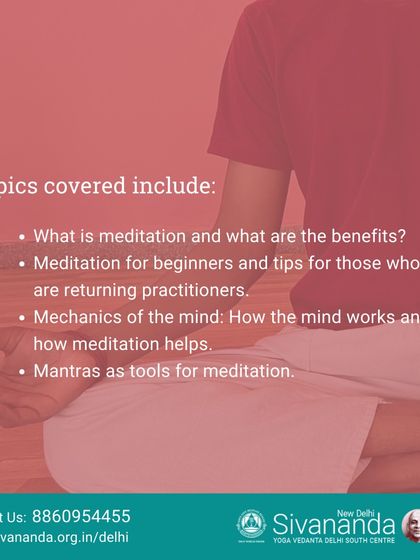 This graphic lists the core topics covered in our Meditation 1 course. You will learn what meditation is, how the mind works, and how to use mantras to focus your awareness.