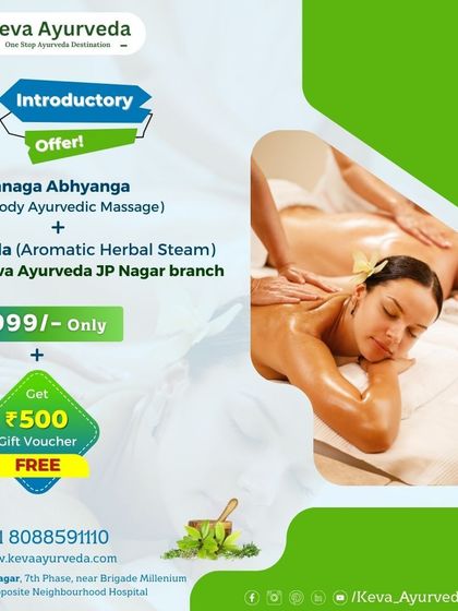 This is an introductory offer for our JP Nagar branch. Experience a full-body Sarvanaga Abhyanga massage and a Sweda aromatic herbal steam for a special price, and receive a complimentary gift voucher.