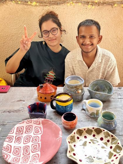 Look at this absolutely beautiful collection from two students who just completed their beginner's course. From a quirky coiled mug to patterned plates and wheel-thrown bowls, their creativity and joy shine through each piece.